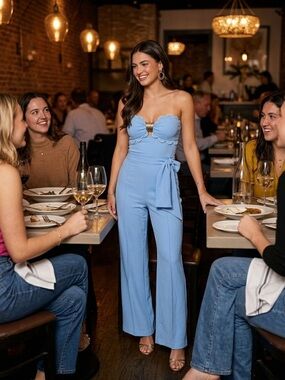 Strapless Scallop Bust Wide-Leg Jumpsuit in Light Blue